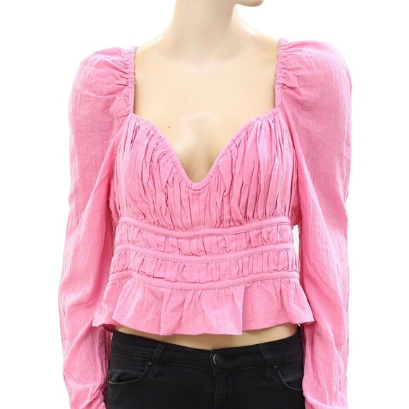 Free People Chloe Cropped Top Blouse Ruffle Puffed Sleeves Smocked L NEW - Picture 5 of 7